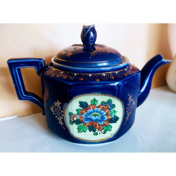 Vintage Moriage Cobalt Blue Hand Painted Japan Tea Pot 1950's - Picture 2 of 14